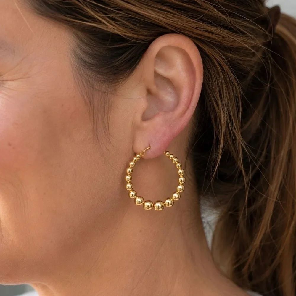 Graduated Gold Tone Beaded Ball Hoop Earrings
